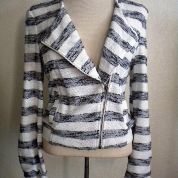 SANCTUARY CLOTHING MS SIZE MEDIUM BLUE AND WHITE STRIPED ASYMMERTICAL ZIP JACKET - Picture 9 of 9